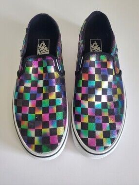Vans Classic Slip-On Iridescent Checkerboard Sneaker Black Rainbow Women 10